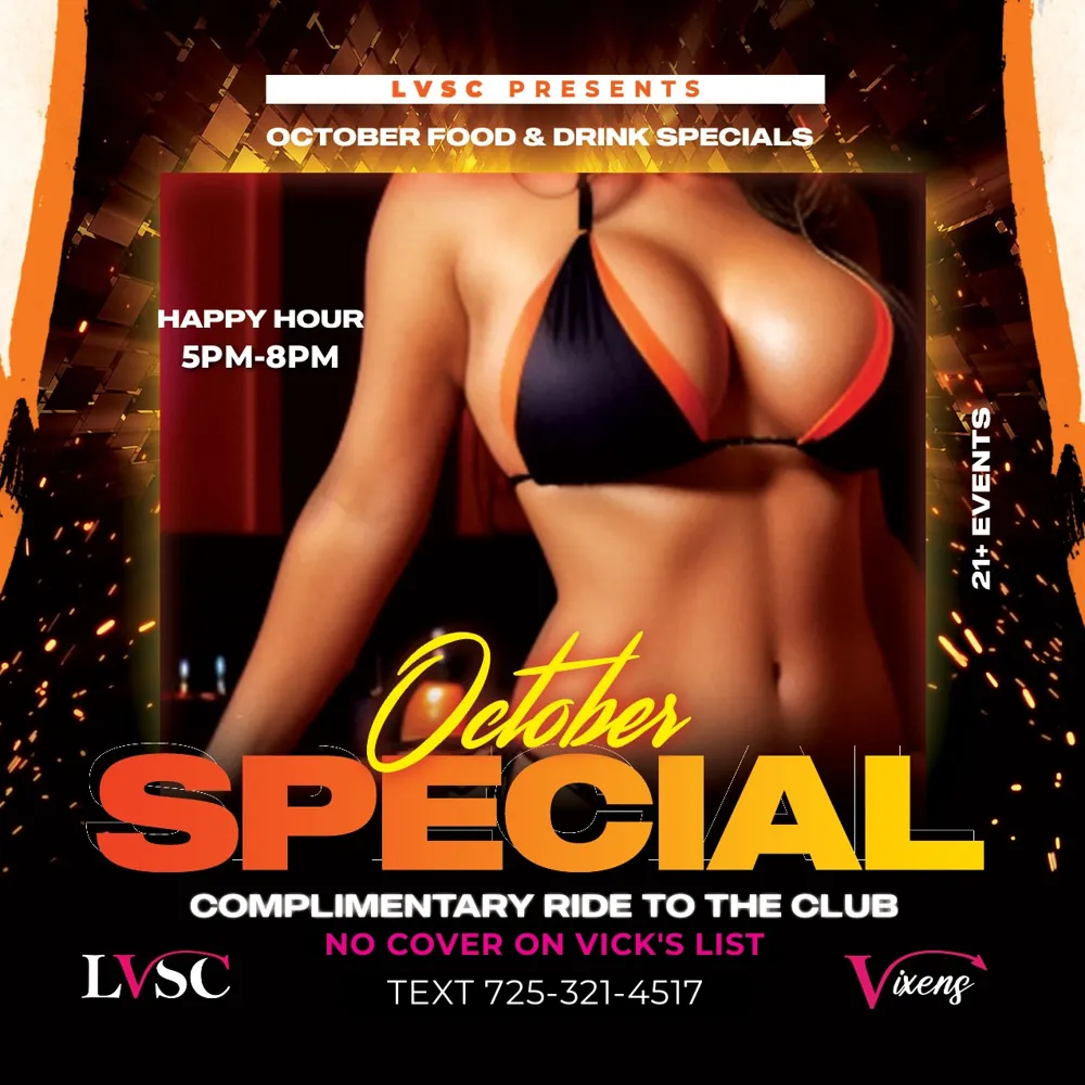 LVSC food and drink specials flyer: happy hour 5 to 8 PM, complimentary ride, no cover on Vick's list